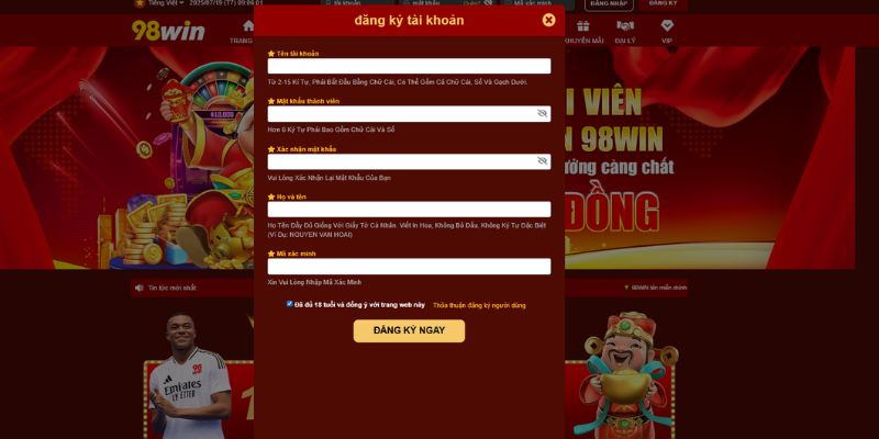 4 bước đơn giản để hoàn tất quy trình đăng ký 98win