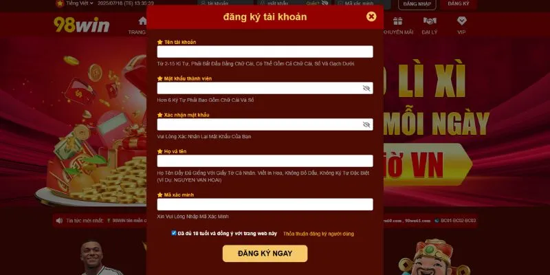 Hướng dẫn chi tiết cách đăng ký 98win